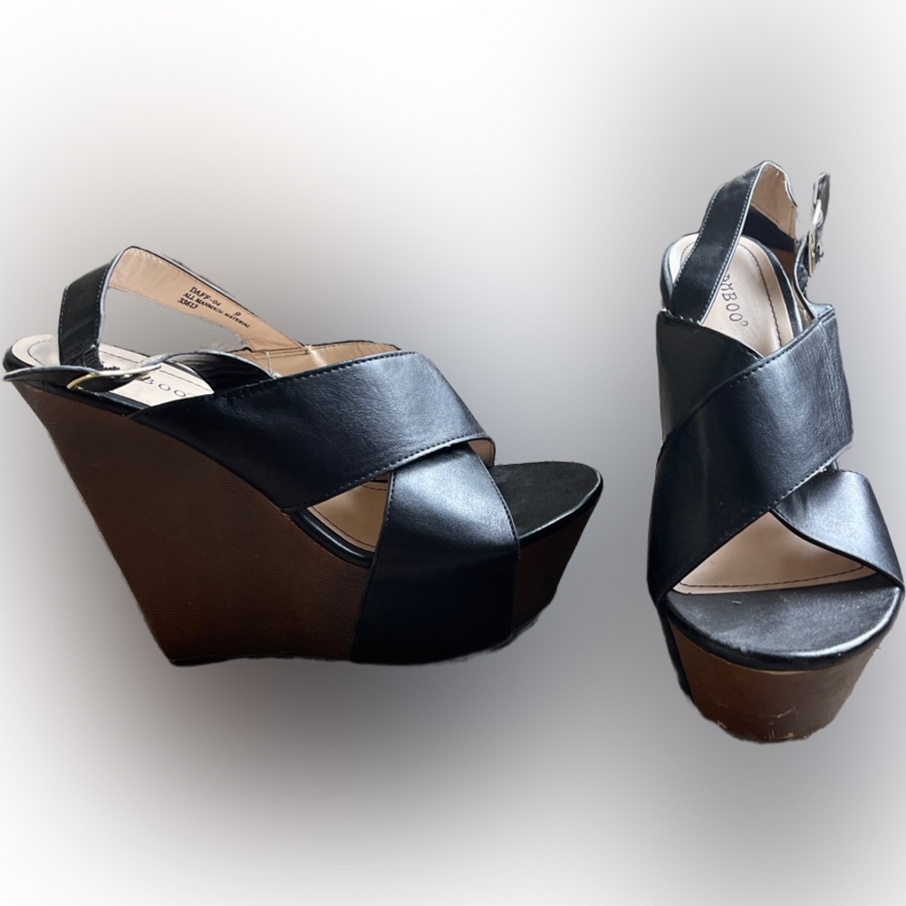 Bamboo brand black and brown wedges with open toe